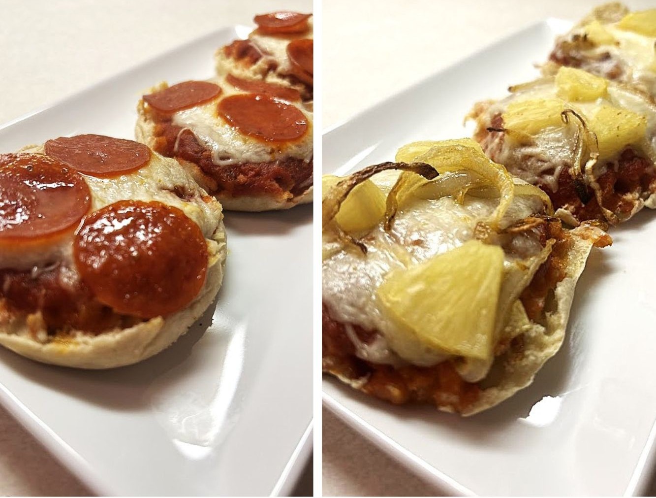 Pepperoni and pineapple onion mini English muffin pizzas on a white platter